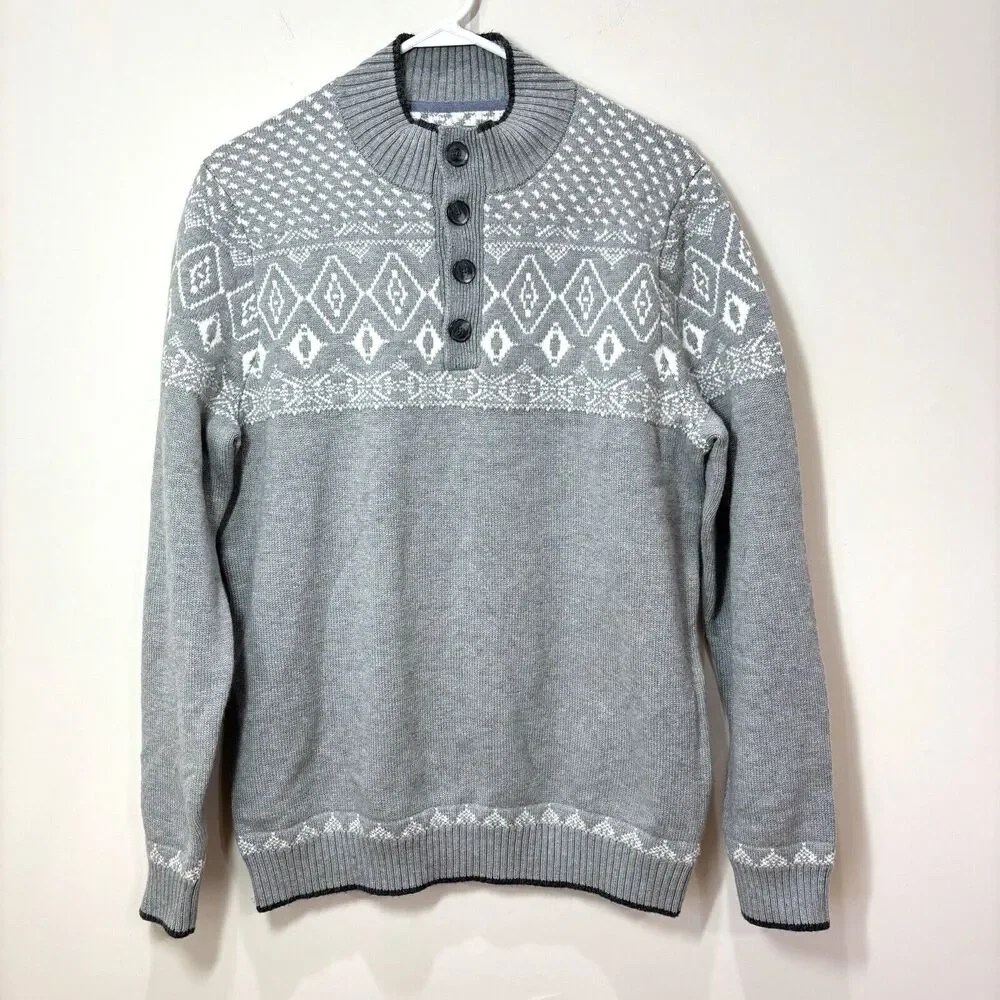 Jos A Bank 1905 Tailored Fit Chunky Knit Henley Sweater Men L Gray Fair Isle